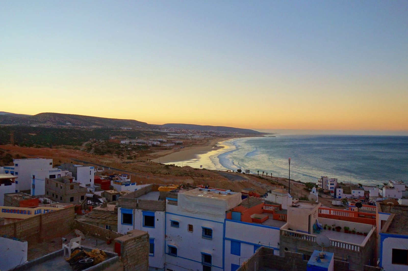 Panoramic view of Tamraght coastline and surf spots