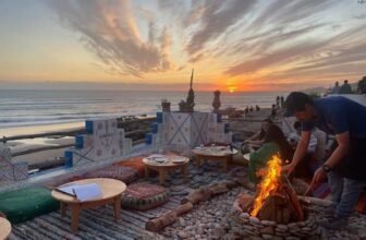 Coastal view of Tamraght Morocco with surf camps overlooking the Atlantic Ocean.